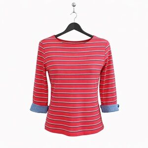 ⭐️ Nautica Red Striped 3/4 Sleeve Chambray Cuffs, (Size S, 100% Cotton)